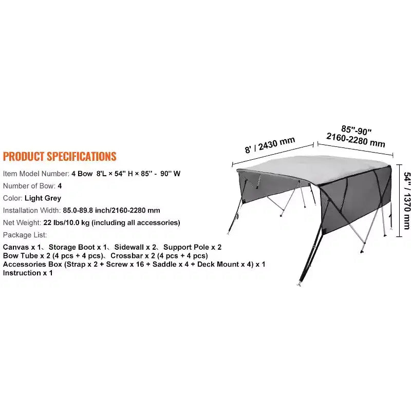 VEVOR Bimini 4 Arceaux, Housse de Bateau, Parois Latérales en Maille Amovibles, Auvent en Polyester 600D avec 1 Cadre en Alliage d'Aluminium
