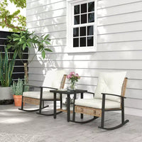 Outsunny Ensemble de Bistro 3 Pièces, Meubles de Patio en Rotin avec Coussins Boutonnés, Fauteuils à Bascule en Rotin et Table Basse