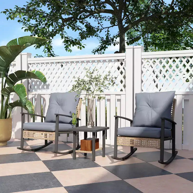 Outsunny Ensemble de Bistro 3 Pièces, Meubles de Patio en Rotin avec Coussins Boutonnés, Fauteuils à Bascule en Rotin et Table Basse