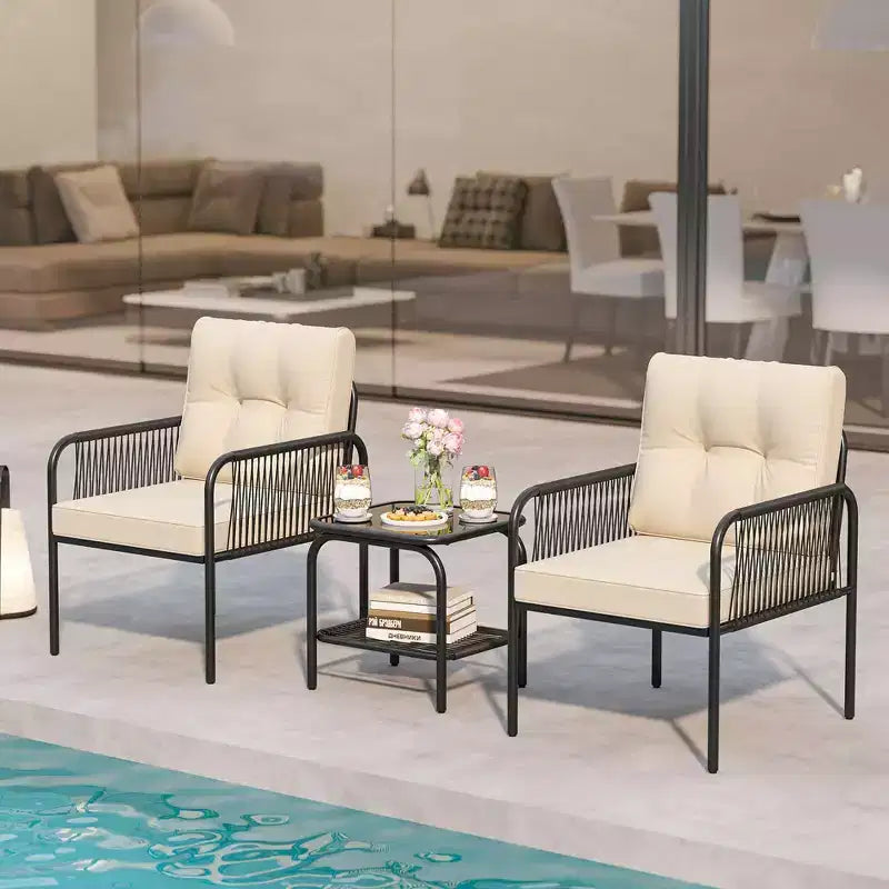 Ensemble de bistrot de patio Costway 3 pièces avec table en verre trempé, chaises avec coussins de dossier et d'assise