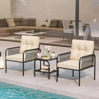 Ensemble de bistrot de patio Costway 3 pièces avec table en verre trempé, chaises avec coussins de dossier et d'assise