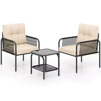 Ensemble de bistrot de patio Costway 3 pièces avec table en verre trempé, chaises avec coussins de dossier et d'assise