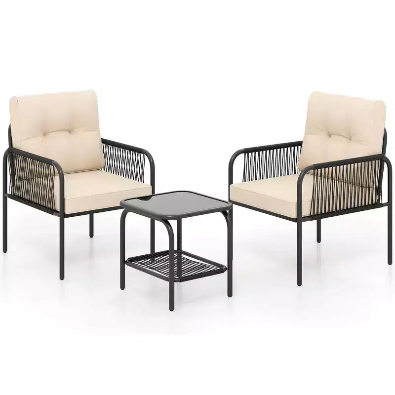 Ensemble de bistrot de patio Costway 3 pièces avec table en verre trempé, chaises avec coussins de dossier et d'assise