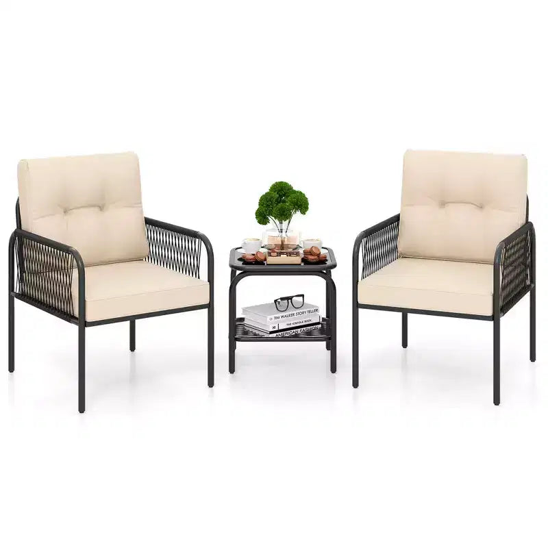 Ensemble de bistrot de patio Costway 3 pièces avec table en verre trempé, chaises avec coussins de dossier et d'assise