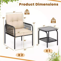 Ensemble de bistrot de patio Costway 3 pièces avec table en verre trempé, chaises avec coussins de dossier et d'assise