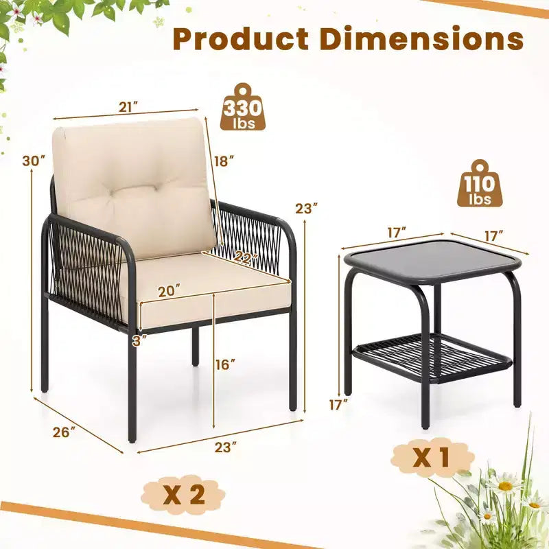 Ensemble de bistrot de patio Costway 3 pièces avec table en verre trempé, chaises avec coussins de dossier et d'assise