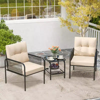 Ensemble de bistrot de patio Costway 3 pièces avec table en verre trempé, chaises avec coussins de dossier et d'assise