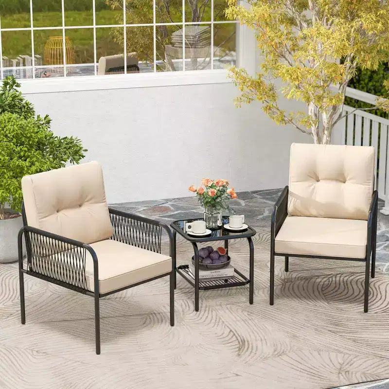 Ensemble de bistrot de patio Costway 3 pièces avec table en verre trempé, chaises avec coussins de dossier et d'assise