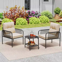 Ensemble de bistrot de patio Costway 3 pièces avec table en verre trempé, chaises avec coussins de dossier et d'assise