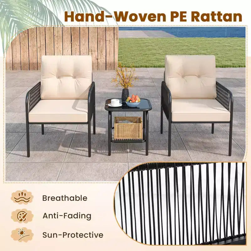 Ensemble de bistrot de patio Costway 3 pièces avec table en verre trempé, chaises avec coussins de dossier et d'assise