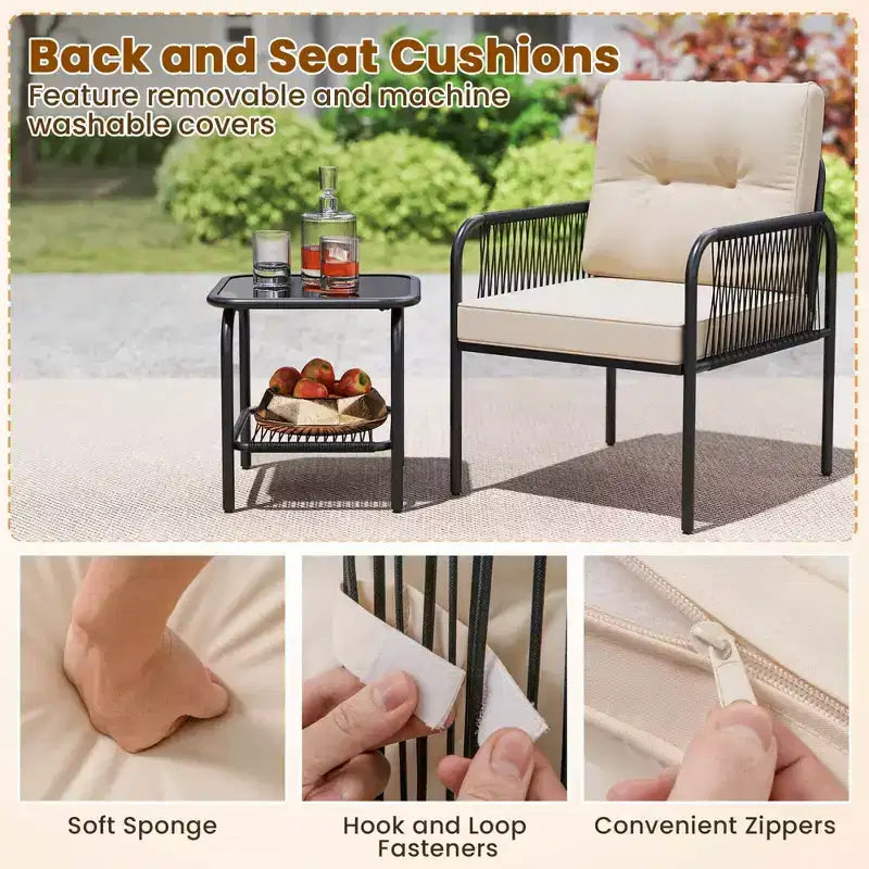 Ensemble de bistrot de patio Costway 3 pièces avec table en verre trempé, chaises avec coussins de dossier et d'assise