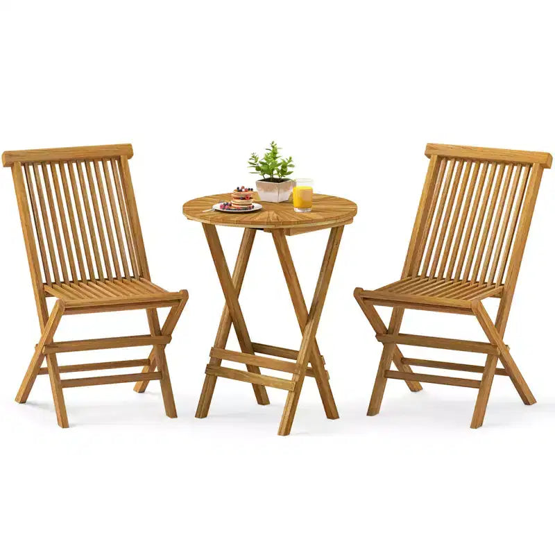 Costway Ensemble bistro de terrasse pliant 3 pièces en bois de teck, ensemble de mobilier table ronde et chaises