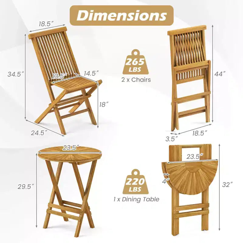 Costway Ensemble bistro de terrasse pliant 3 pièces en bois de teck, ensemble de mobilier table ronde et chaises