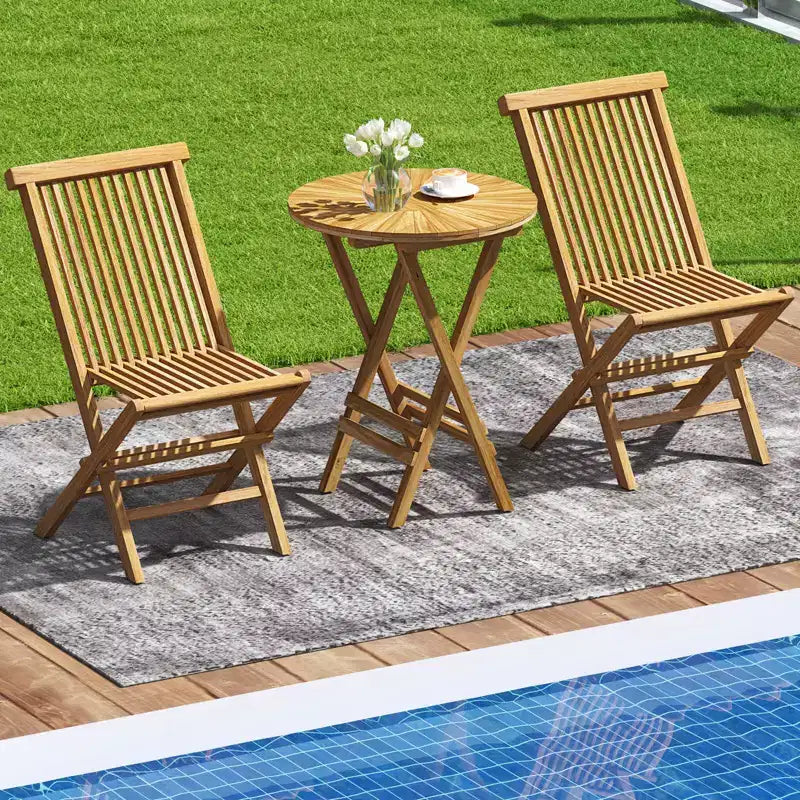 Costway Ensemble bistro de terrasse pliant 3 pièces en bois de teck, ensemble de mobilier table ronde et chaises