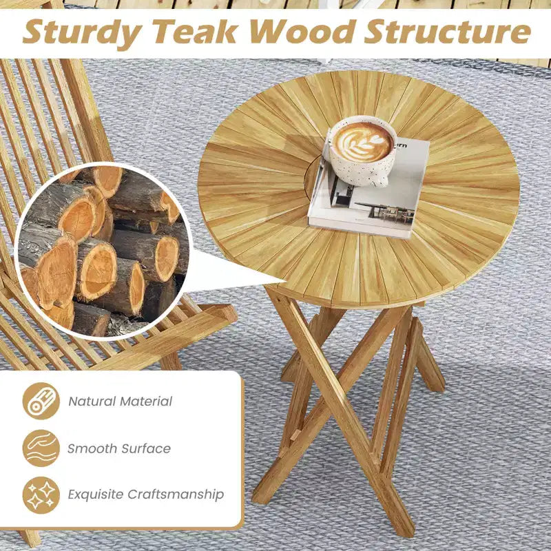Costway Ensemble bistro de terrasse pliant 3 pièces en bois de teck, ensemble de mobilier table ronde et chaises