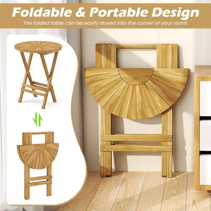 Costway Ensemble bistro de terrasse pliant 3 pièces en bois de teck, ensemble de mobilier table ronde et chaises