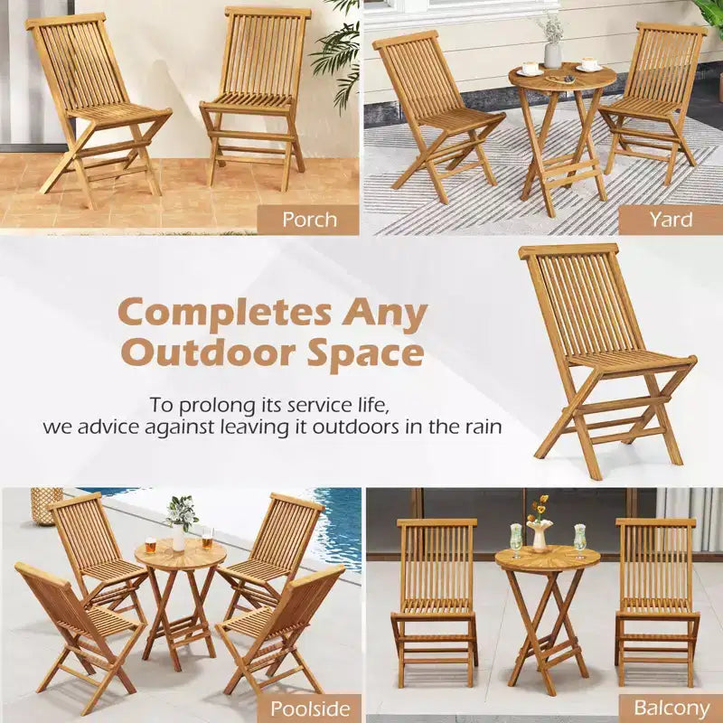 Costway Ensemble bistro de terrasse pliant 3 pièces en bois de teck, ensemble de mobilier table ronde et chaises