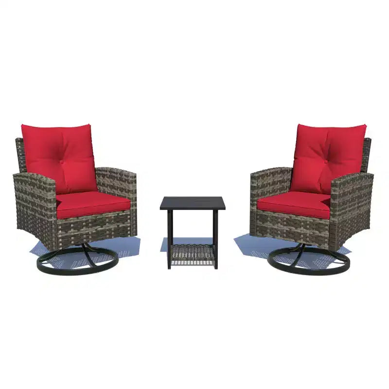 EROMMY Ensemble de chaise à bascule pivotante de patio d'extérieur 3 pièces - Ensemble bistro de patio en rotin avec 2 chaises à bascule et 1 table basse, coussins confortables