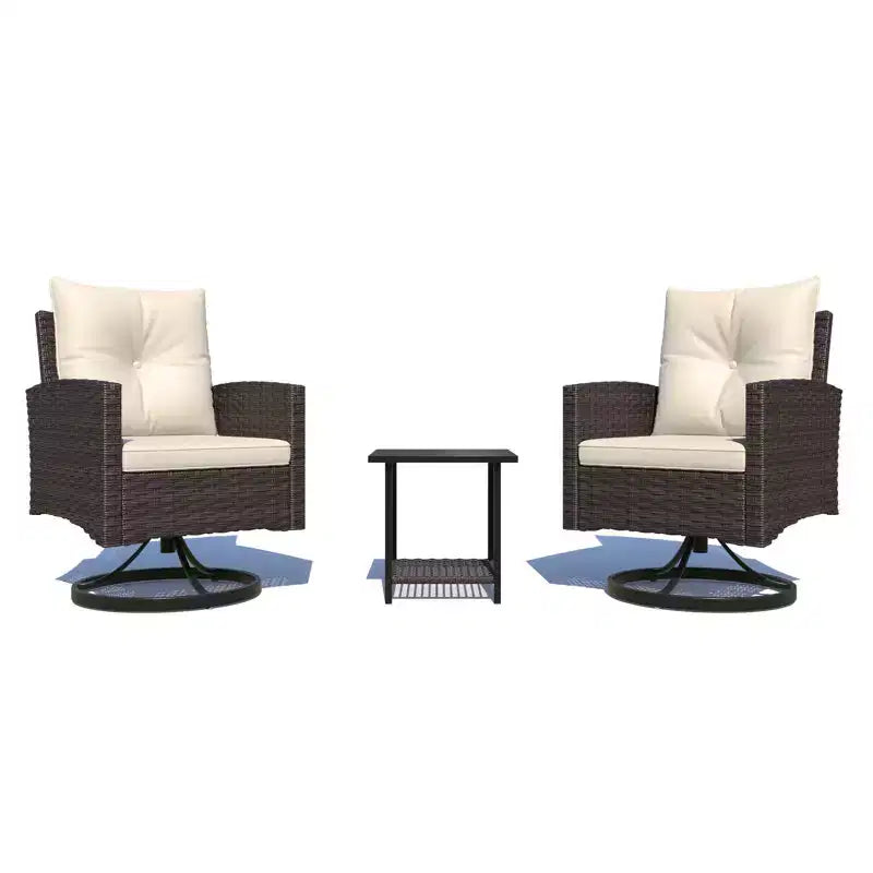 EROMMY Ensemble de chaise à bascule pivotante de patio d'extérieur 3 pièces - Ensemble bistro de patio en rotin avec 2 chaises à bascule et 1 table basse, coussins confortables