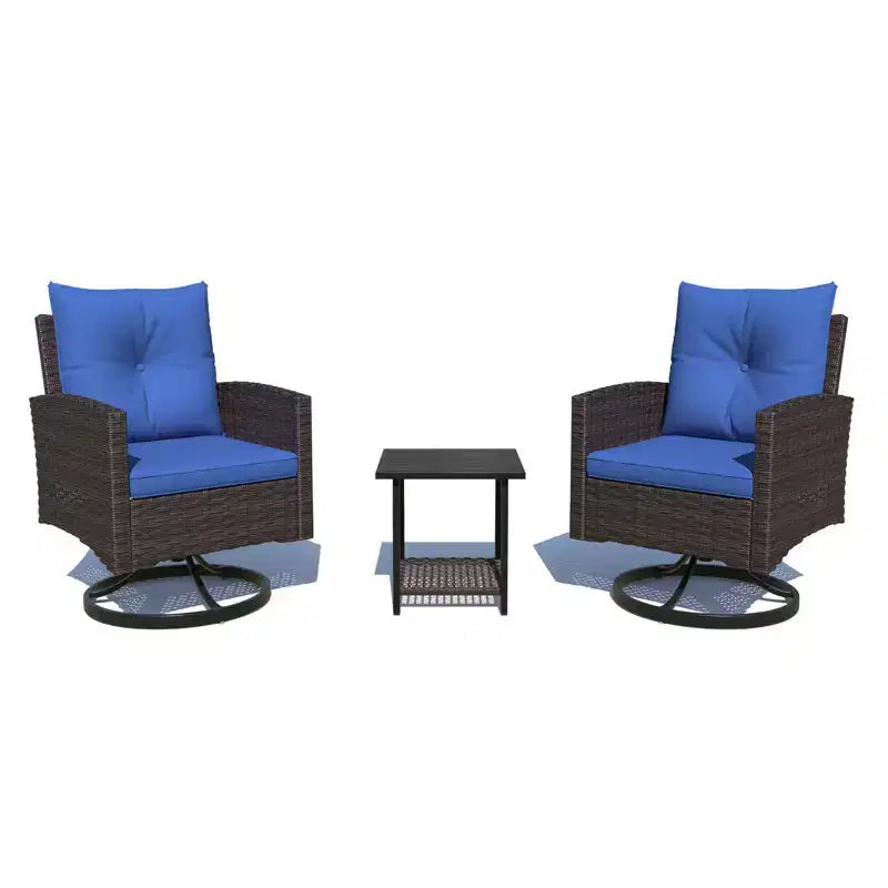 EROMMY Ensemble de chaise à bascule pivotante de patio d'extérieur 3 pièces - Ensemble bistro de patio en rotin avec 2 chaises à bascule et 1 table basse, coussins confortables