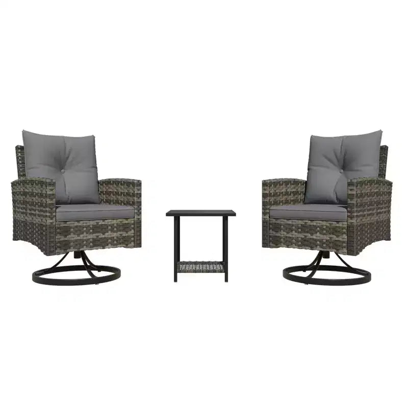 EROMMY Ensemble de chaise à bascule pivotante de patio d'extérieur 3 pièces - Ensemble bistro de patio en rotin avec 2 chaises à bascule et 1 table basse, coussins confortables
