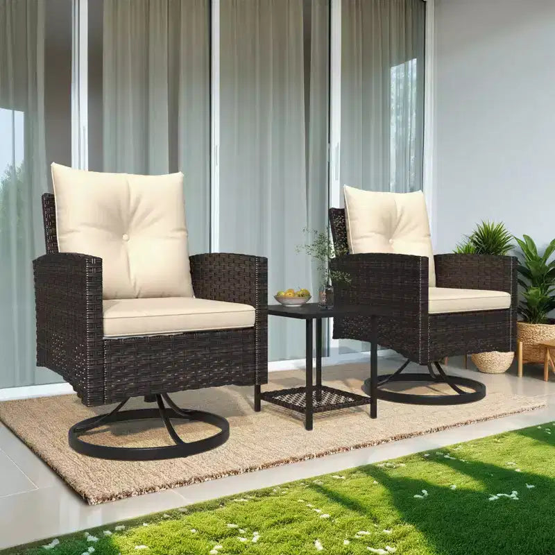 EROMMY 3-piece Outdoor Swivel Rocker Patio Chairs Set, Rattan Patio Bistro Set With 2 Rocking Chairs And 1 Coffee Table, Comfortable Cushions
