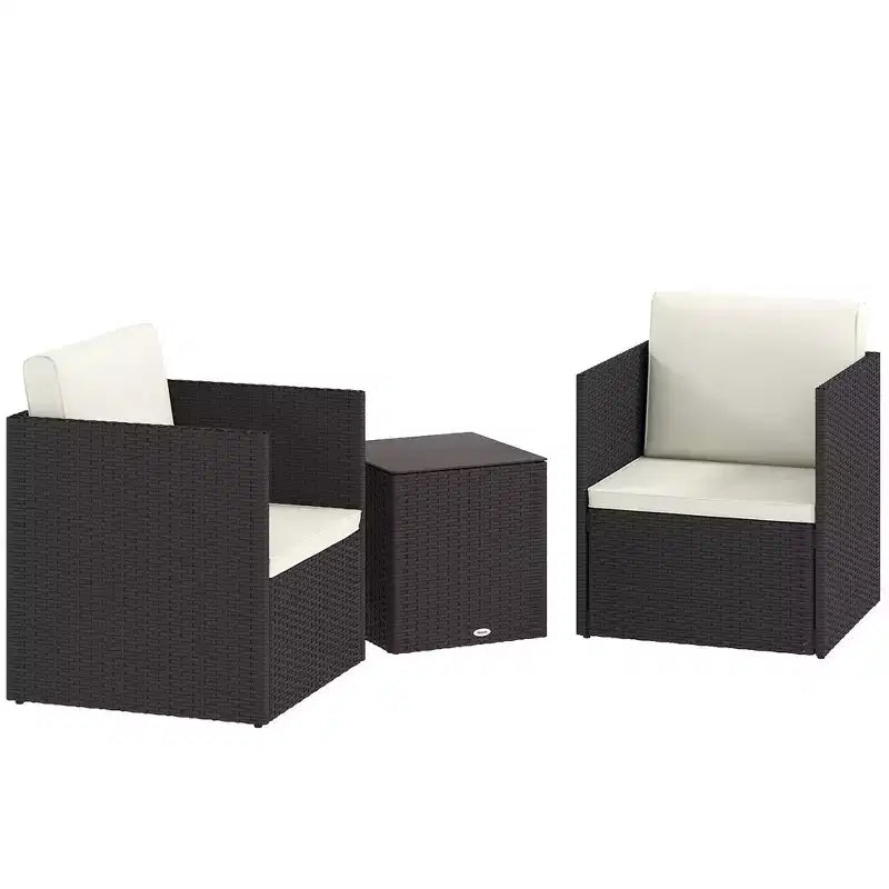 Ensemble de mobilier de patio 3 pièces Outsunny, ensemble de bistrot pliant en osier d'extérieur avec coussins et table basse en verre, assemblage facile pour porche, balcon, marron