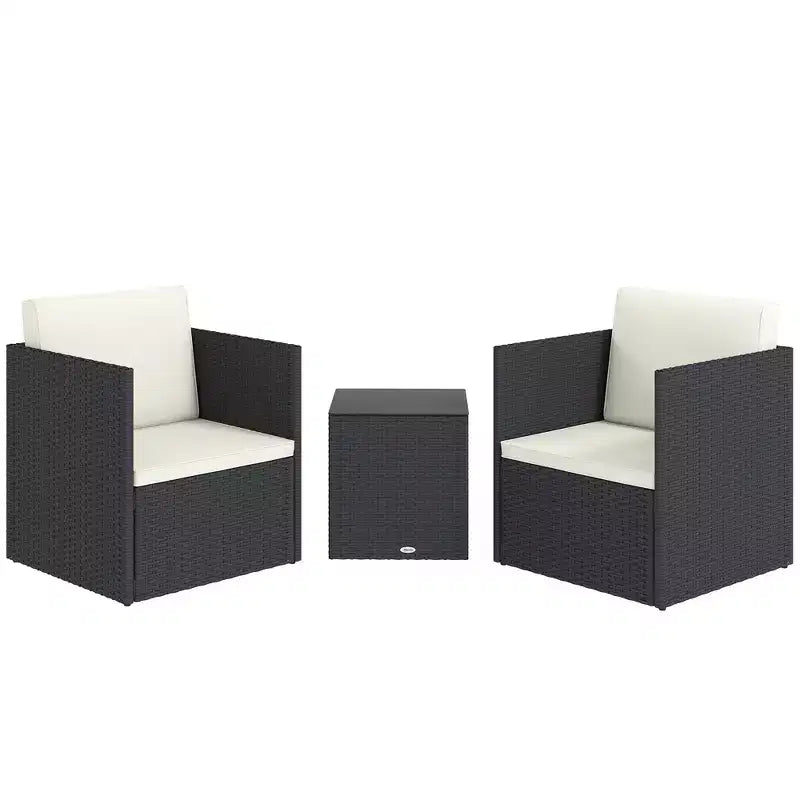 Outsunny Ensemble de 3 Meubles de Patio, Salon de Jardin Pliant en Rotin avec Coussins et Table Basse en Verre, Montage Facile pour Porche, Balcon, Noir