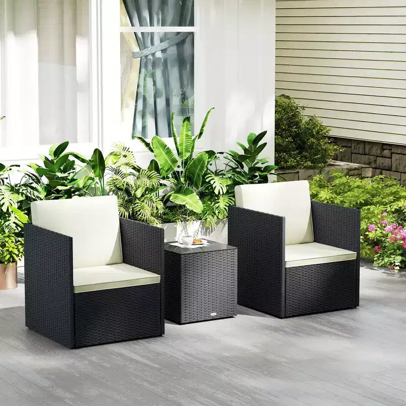 Outsunny Ensemble de 3 Meubles de Patio, Salon de Jardin Pliant en Rotin avec Coussins et Table Basse en Verre, Montage Facile pour Porche, Balcon, Noir
