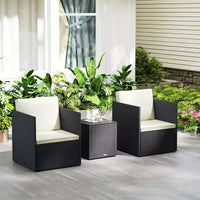 Outsunny Ensemble de 3 Meubles de Patio, Salon de Jardin Pliant en Rotin avec Coussins et Table Basse en Verre, Montage Facile pour Porche, Balcon, Noir