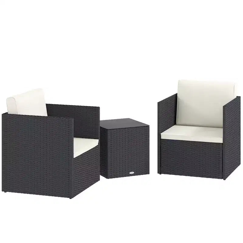 Outsunny Ensemble de 3 Meubles de Patio, Salon de Jardin Pliant en Rotin avec Coussins et Table Basse en Verre, Montage Facile pour Porche, Balcon, Noir