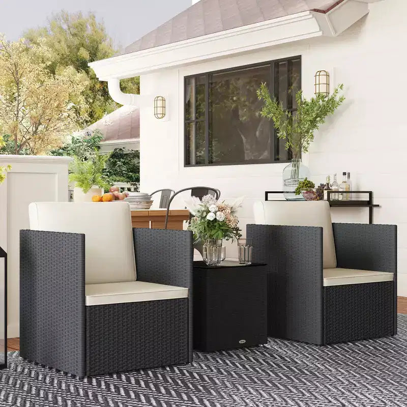 Outsunny Ensemble de 3 Meubles de Patio, Salon de Jardin Pliant en Rotin avec Coussins et Table Basse en Verre, Montage Facile pour Porche, Balcon, Noir