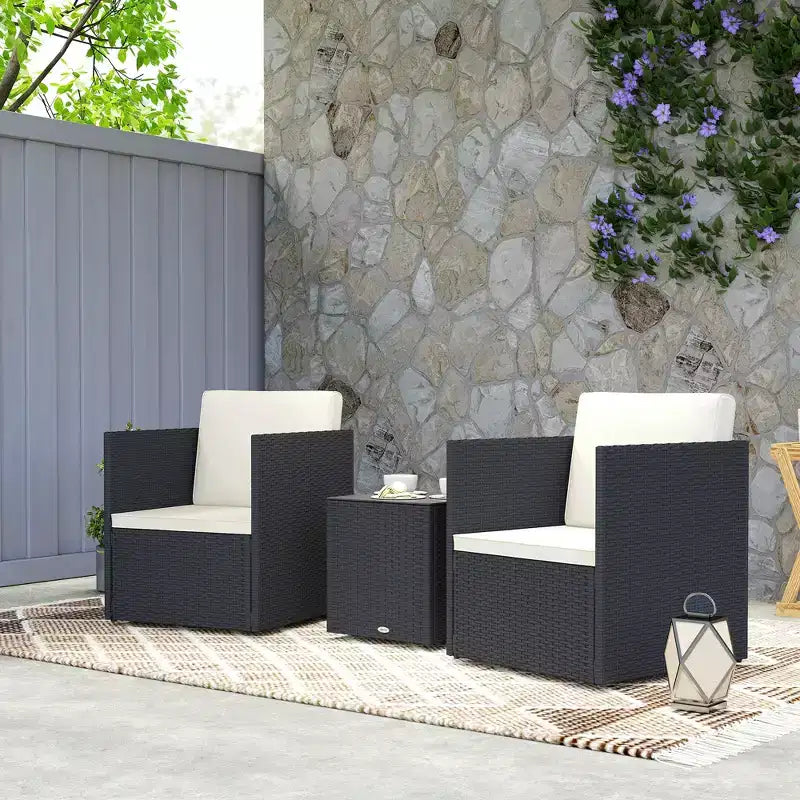 Outsunny Ensemble de 3 Meubles de Patio, Salon de Jardin Pliant en Rotin avec Coussins et Table Basse en Verre, Montage Facile pour Porche, Balcon, Noir
