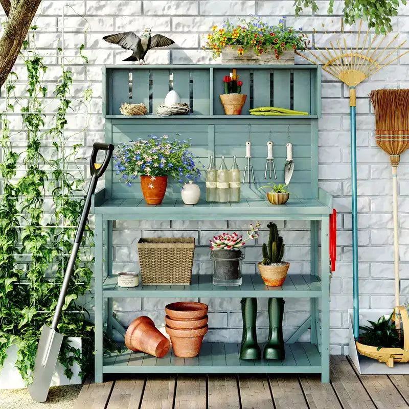 Table de rempotage rustique en bois de style ferme Whisen avec étagères de rangement et crochets latéraux, idéal pour le patio