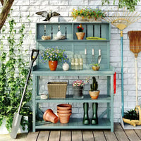 Table de rempotage rustique en bois de style ferme Whisen avec étagères de rangement et crochets latéraux, idéal pour le patio