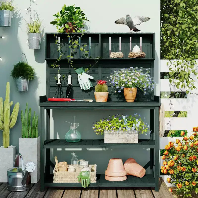 Table de rempotage rustique en bois de style ferme Whisen avec étagères de rangement et crochets latéraux, idéal pour le patio