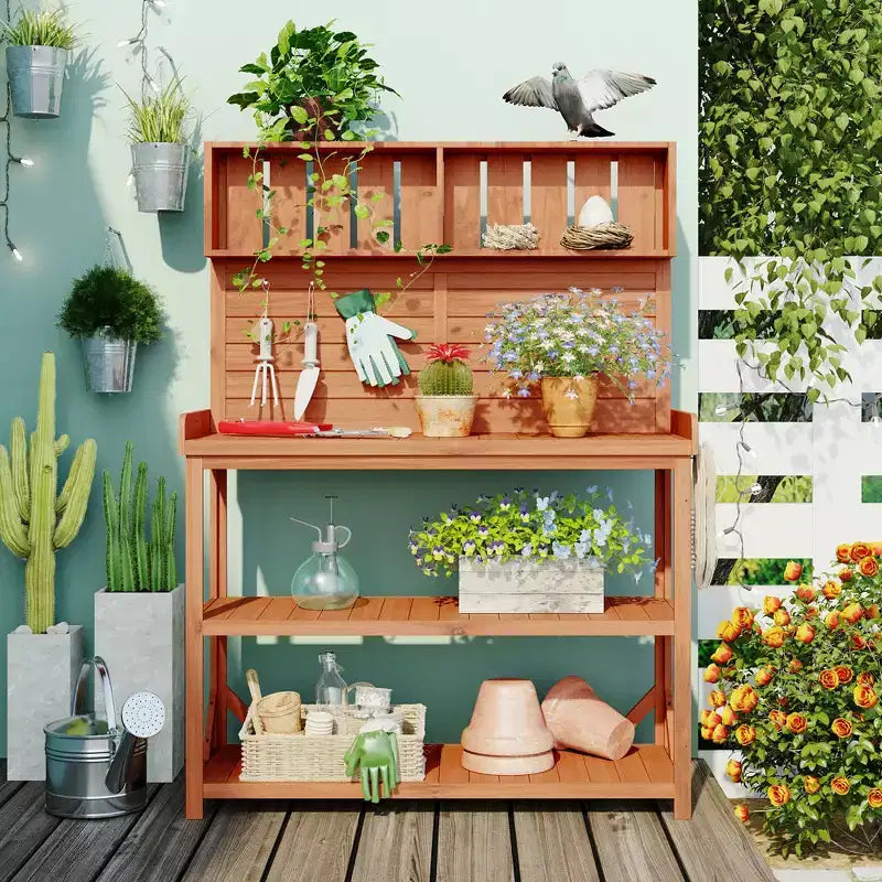 Table de rempotage rustique en bois de style ferme Whisen avec étagères de rangement et crochets latéraux, idéal pour le patio