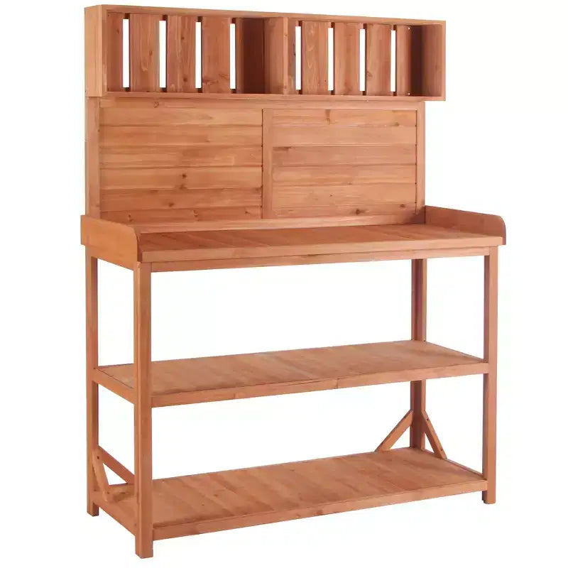 Table de rempotage rustique en bois de style ferme Whisen avec étagères de rangement et crochets latéraux, idéal pour le patio