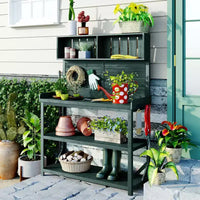 Whisen Large Rustic Farmhouse Wooden Potting Bench Table, Patio Workstation with Storage Shelves and Side Hook