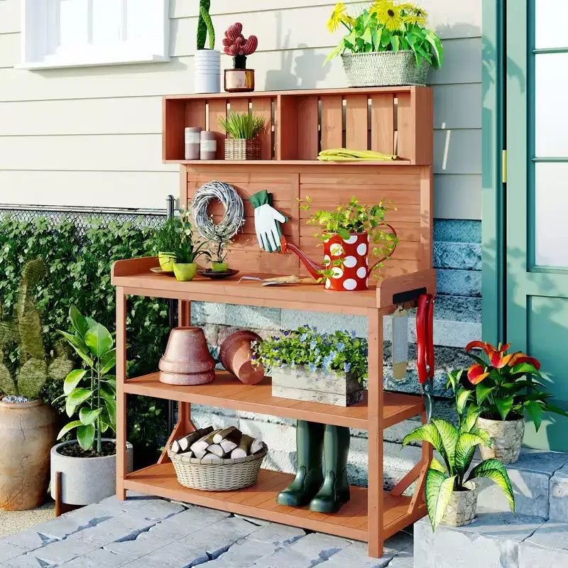 Table de rempotage rustique en bois de style ferme Whisen avec étagères de rangement et crochets latéraux, idéal pour le patio