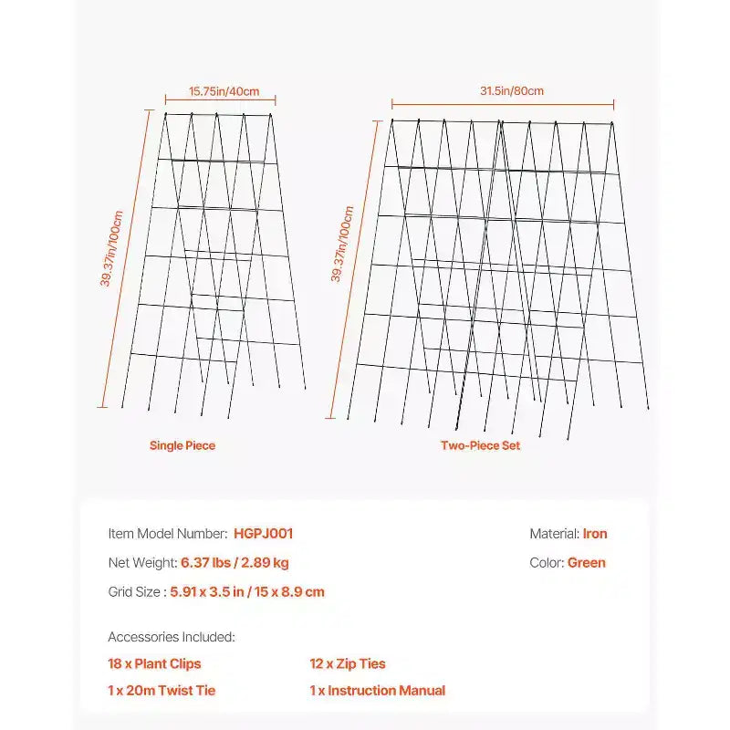VEVOR Treillis à Concombres pour Plantes Grimpantes, Treillis Pliable 99 x 81 cm pour Concombres avec Attaches Torsadées, Treillis de Jardin en Métal pour Carré Potager