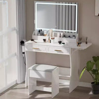 Homesflex Coiffeuse Moderne Blanche avec Lumières Réglables, Miroir et Rangement - Ensemble Complet avec Tiroirs, Étagères et Tabouret