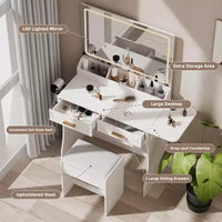 Homesflex Coiffeuse Moderne Blanche avec Lumières Réglables, Miroir et Rangement - Ensemble Complet avec Tiroirs, Étagères et Tabouret