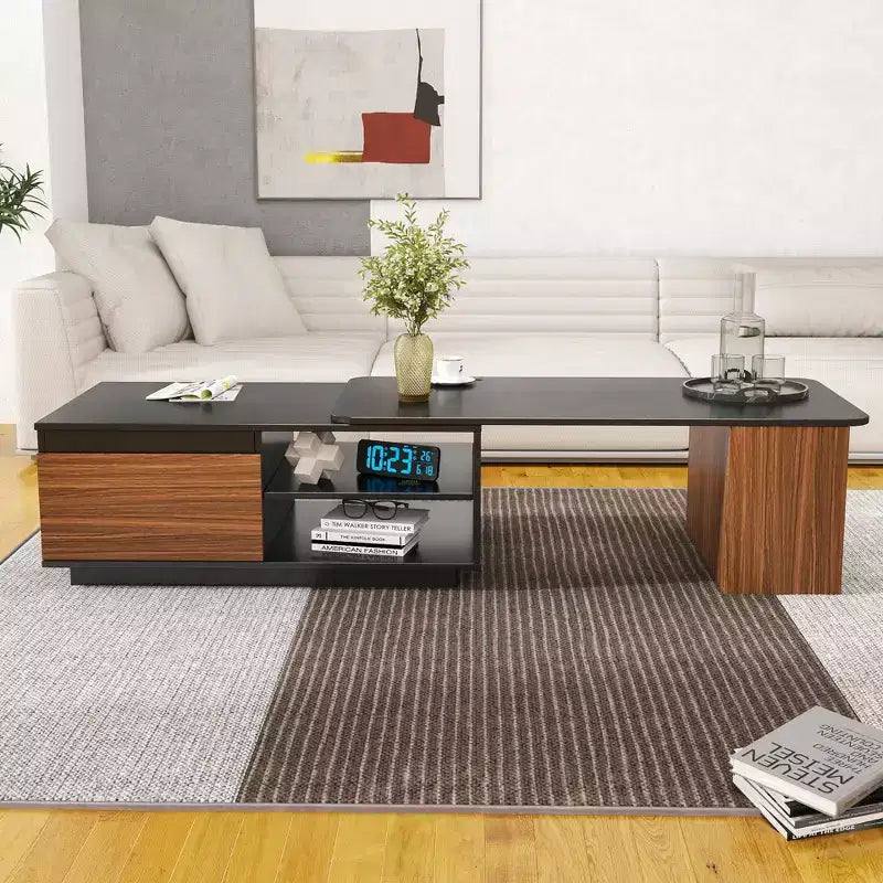 Table basse extensible, table de cocktail réglable en bois, table centrale, table d'appoint avec 2 tiroirs de rangement, noir+brun noyer - ModernLuxe