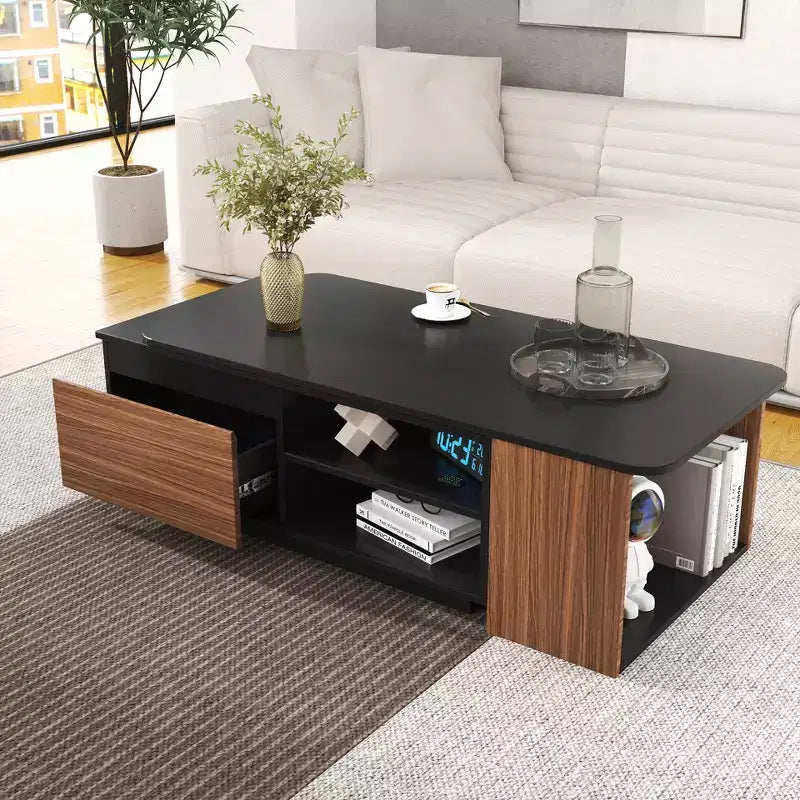 Table basse extensible, table de cocktail réglable en bois, table centrale, table d'appoint avec 2 tiroirs de rangement, noir+brun noyer - ModernLuxe
