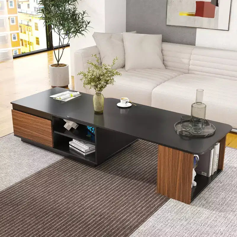 Table basse extensible, table de cocktail réglable en bois, table centrale, table d'appoint avec 2 tiroirs de rangement, noir+brun noyer - ModernLuxe