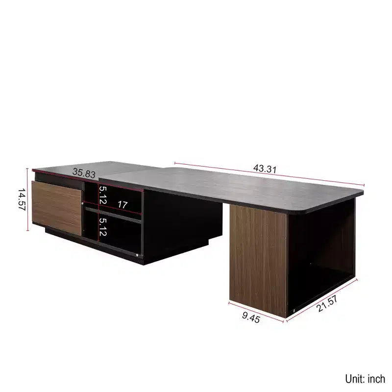 Table basse extensible, table de cocktail réglable en bois, table centrale, table d'appoint avec 2 tiroirs de rangement, noir+brun noyer - ModernLuxe