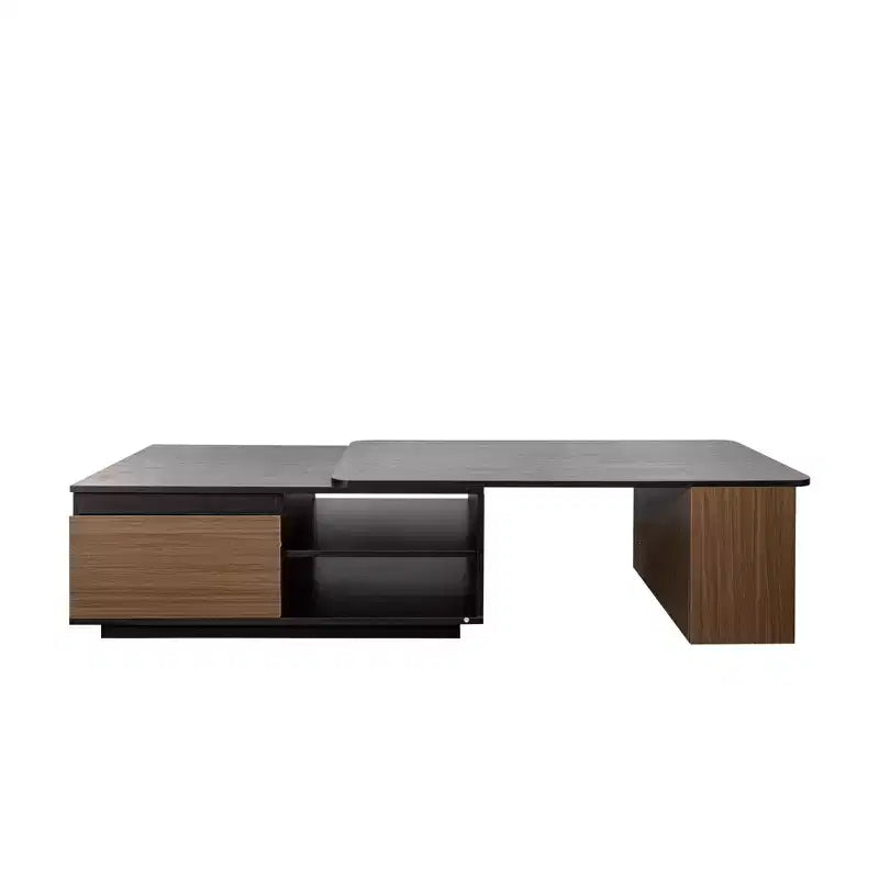 Table basse extensible, table de cocktail réglable en bois, table centrale, table d'appoint avec 2 tiroirs de rangement, noir+brun noyer - ModernLuxe