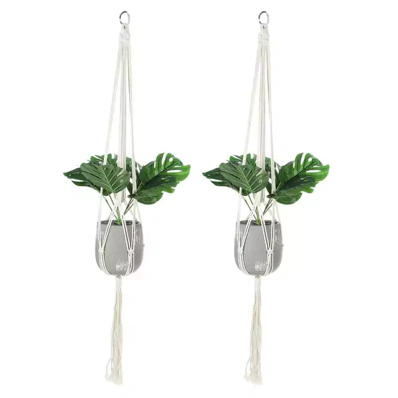 Lot de 2 suspensions murales en macramé de coton et bois, 100 x 30 cm, blanc
