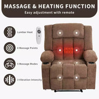 Fauteuil Inclinable Massant et Chauffant Extra Large à Bascule avec Télécommande, 3 Positions Ajustables, Porte-Gobelets et Support Lombaire pour Personnes Fortes et de Grande Taille